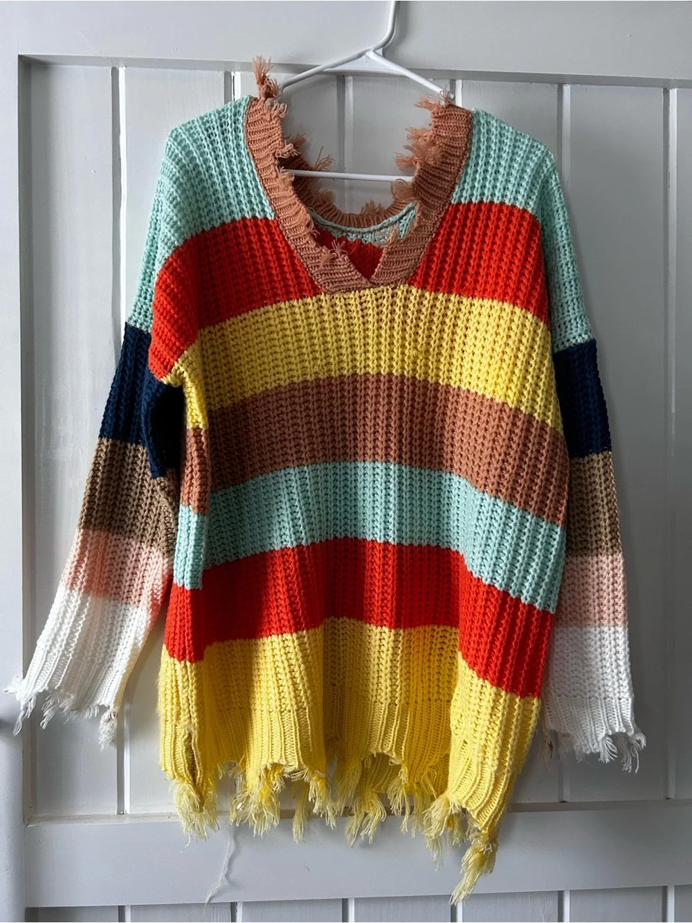 Distressed Multi-Color Stripe V-Neck Sweater - Picture 1 of 5